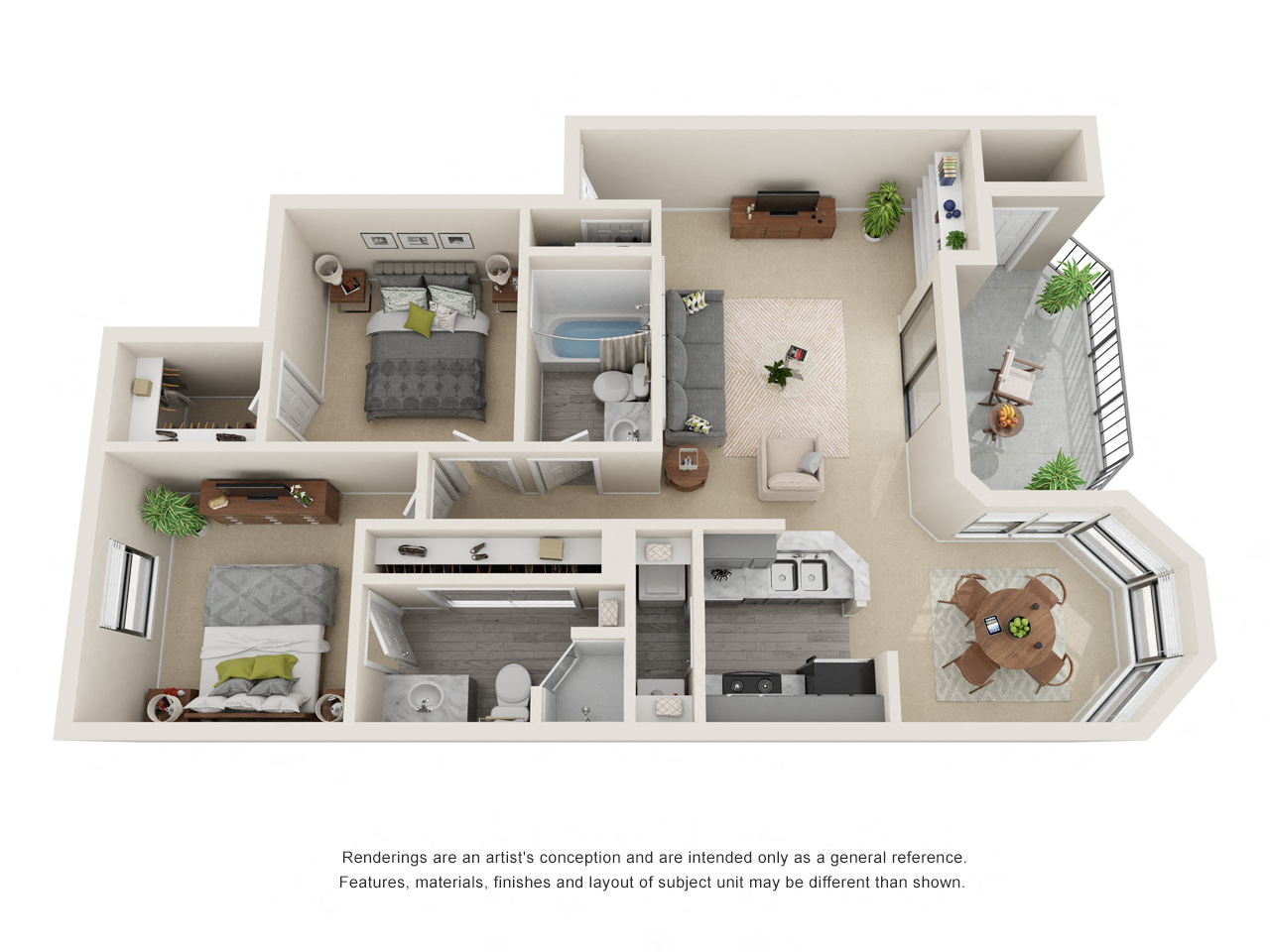 Floor plan for 2 beds, 2 baths, 939 sqft